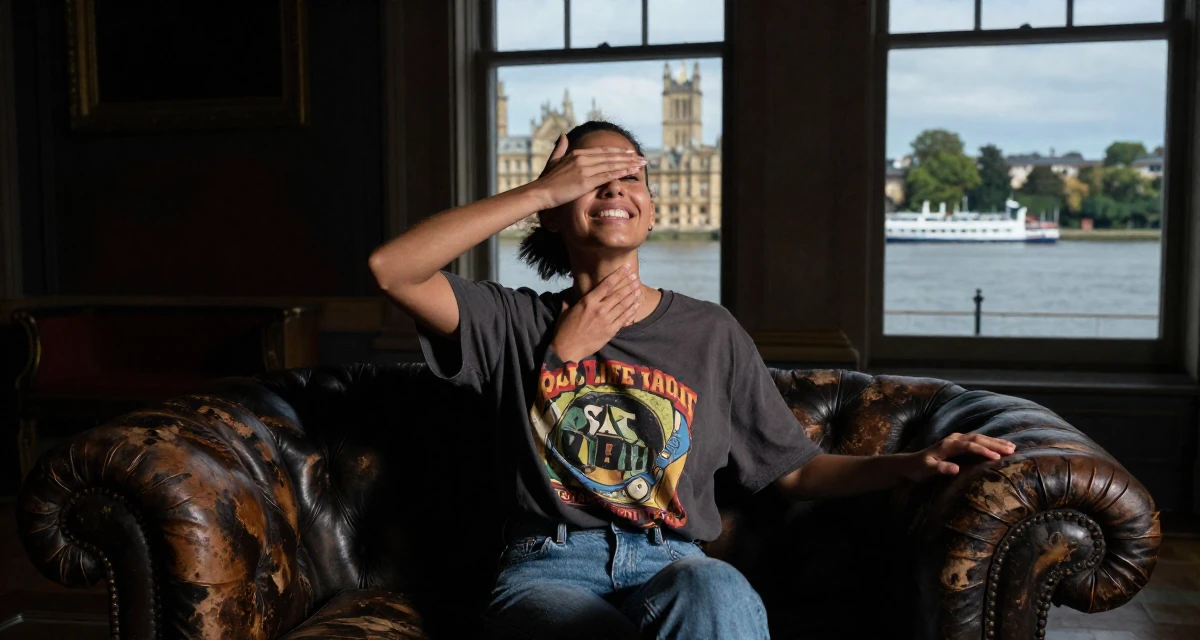 A enthusiastic Female Born in South Africa, studied political communication in their 23, feeling pressure to “figure life out” quickly, wearing a laid-back graphic tee and jeans, covering eyes from the sun in a royal palace throne room.