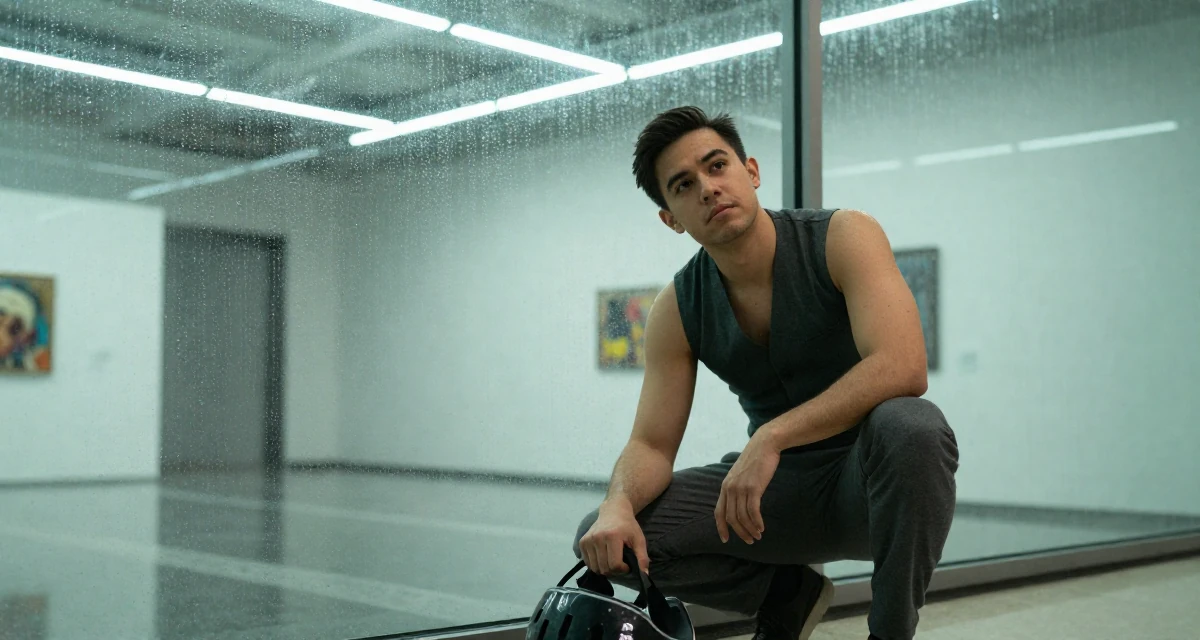 A unbothered male From USA, studied computer science but switched to arts in their 20, trying to balance academic pressure and social life, wearing a fitted vest top worn without a shirt underneath and slacks, holding a helmet in a art gallery.