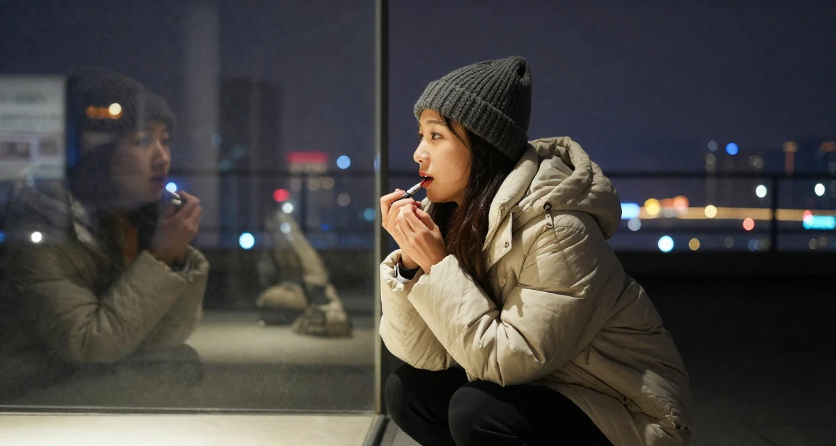 A fascinated Female From Chongqing China, holds a degree in psychology in their 29, carrying invisible pressure to stay relevant, wearing a warm puffer jacket and beanie, applying lipstick in a museum exhibit.