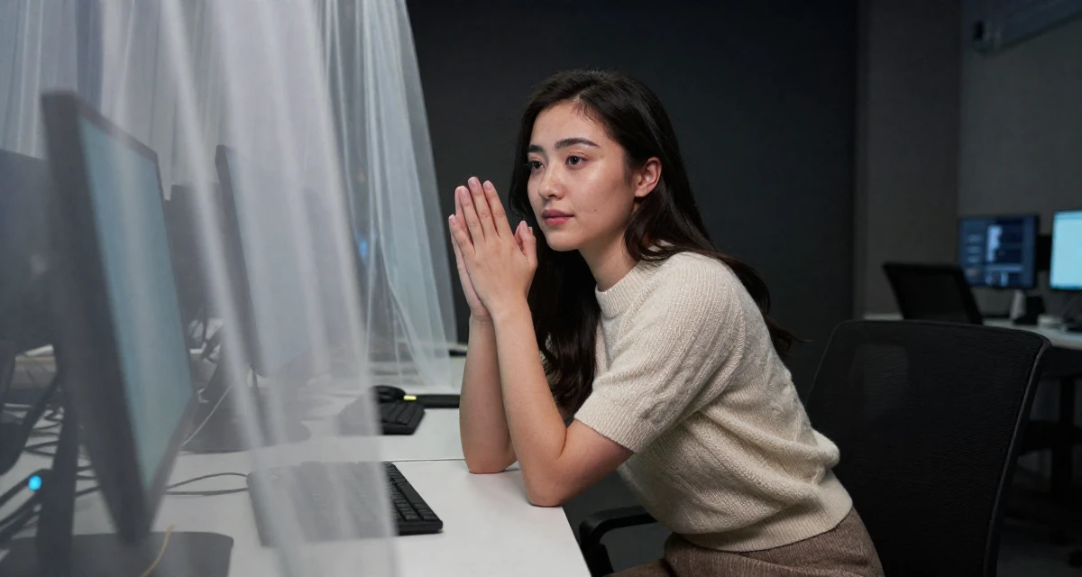 A quietly confident Female Once a recruitment assistant, now creating relatable work-life content in their 22, forming connections with potential collaborators, wearing a short sleeve cashmere sweater and a skirt, rubbing hands together for warmth in a cybernetic computer lab.