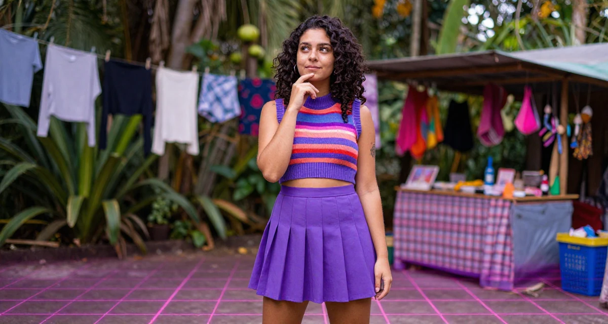 A coy Female From Brazil, majored in sociology in their 25, embracing full creative control over a bold persona, wearing a cropped sweater vest and a pleated mini skirt, touching the chin thoughtfully in a botanical garden.