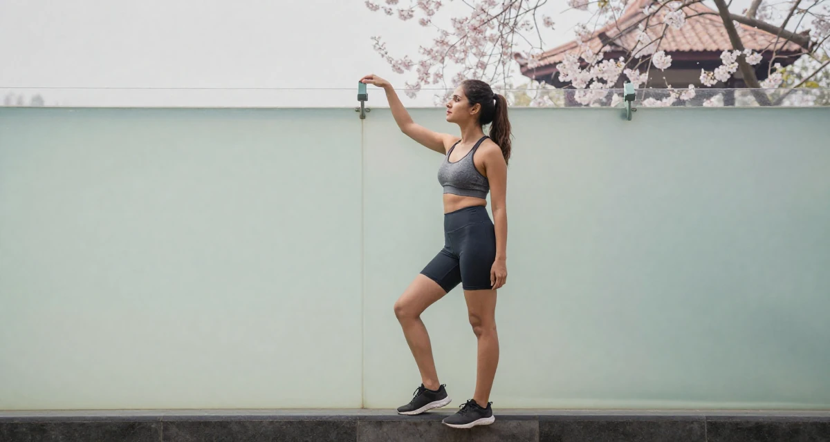 A content Female From Pakistan, based in Lahore, graduated from a business school majoring in marketing management in their 32, sharing easy DIY home improvement projects, wearing a strappy gym top and compression shorts, stepping onto a curb in a aquarium tunnel.