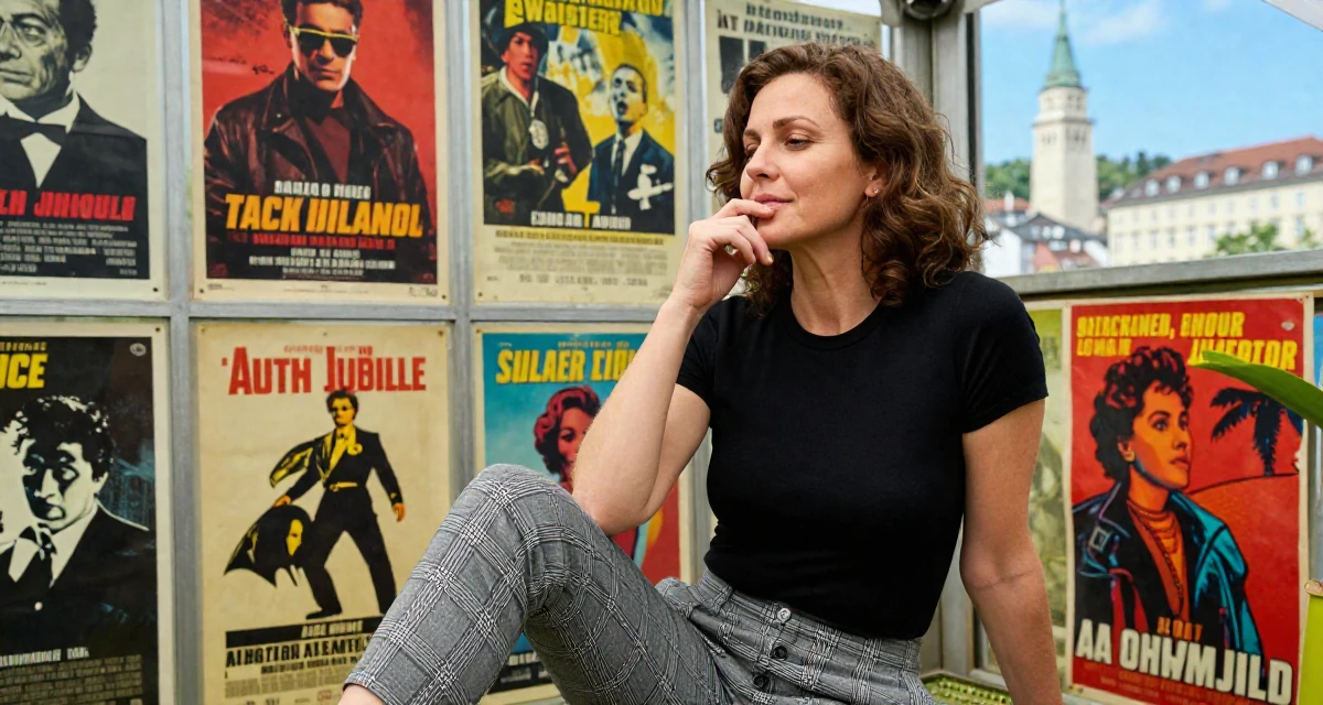 A serene and peaceful Female From Salzburg Austria, practiced soft-aesthetic lifestyle content in their 50, golden jubilee celebration of life, wearing a grey plaid trousers and a fitted black tee, biting a lip thoughtfully in a greenhouse interior.