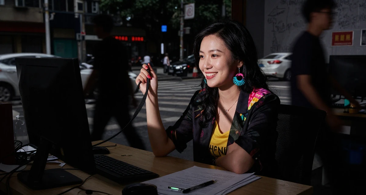 A warm male From Shenzhen China, graduated in computer science in their 35, teaching financial literacy to other women, wearing a pop of color accessory look, holding a leash in a messy desk.