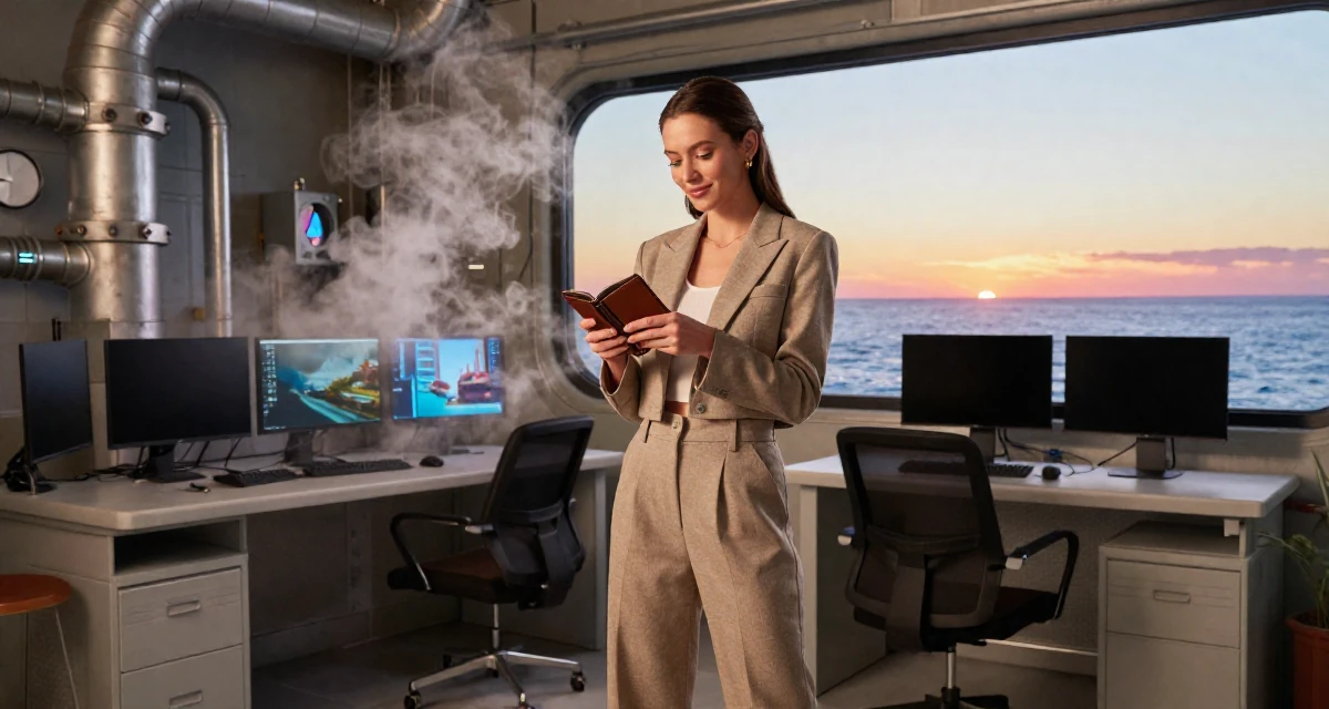 A amused Female Once a junior photographer, now the subject of her own shoots in their 39, creating a cozy and safe sanctuary at home, wearing a cropped blazer and high-waisted trousers set, checking a wallet in a cybernetic computer lab.