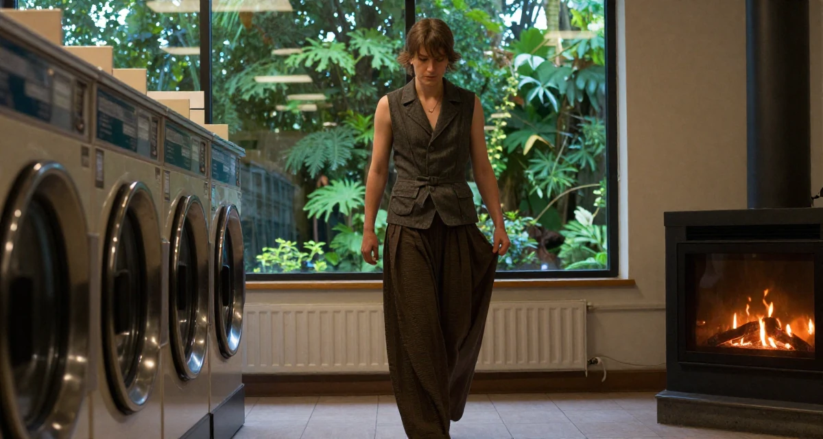 A bashful male From Russia, studied mathematics and cybernetics in their 36, building a community for working moms, wearing a fitted waist coat and wide leg trousers, fixing the hem of a skirt in a laundromat.