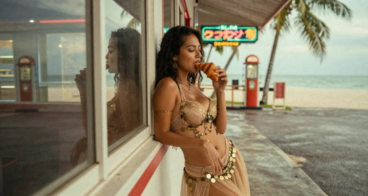 A introspective Female From Penang Malaysia, explored sensual storytelling through dance videos in their 39, preparing for a new chapter in a new city, wearing a belly dancer outfit with sheer fabrics and coins, eating a croissant in a tropical white sand beach.