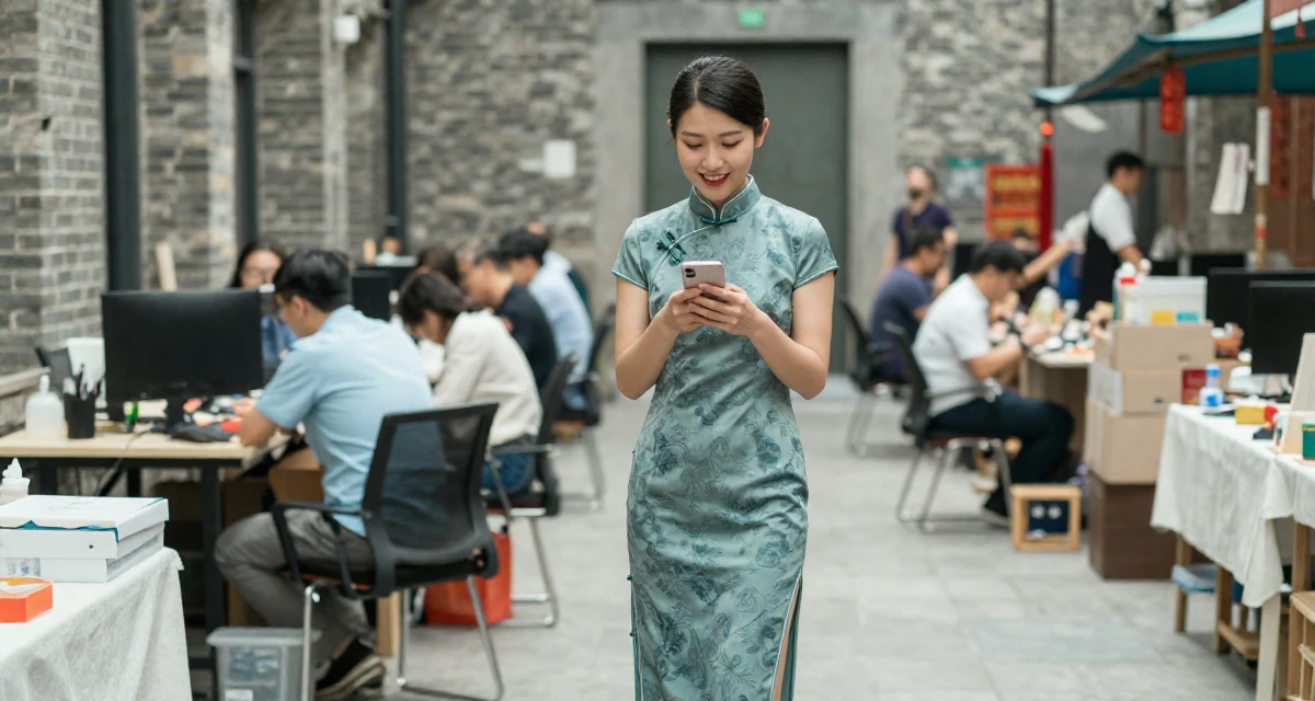 A cheerful Female From United States, studied civil service management in their 22, planning monthly photoshoots on a tight budget, wearing a Chinese qipao (cheongsam) modified with a high slit, checking a notification on a phone in a busy coworking space.