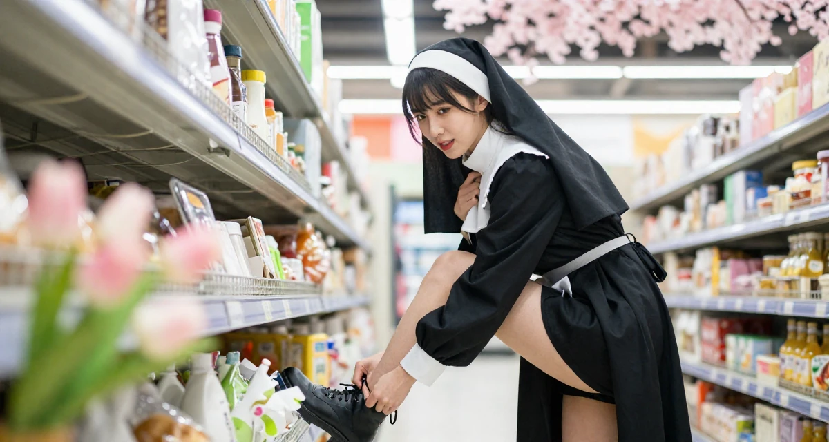 A radiant Female Previously a pastry student, now blending dessert aesthetics with lifestyle content in their 22, scheduling posts to reduce last-minute stress, wearing a gothic nun habit with a modified short skirt, tying a shoelace in a supermarket aisle.
