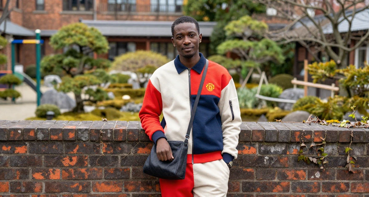 A sincere male From Manchester United Kingdom, studied sports science in their 42, passionate about sustainable luxury living, wearing a bold color-block outfit, holding a purse tightly in a school playground.