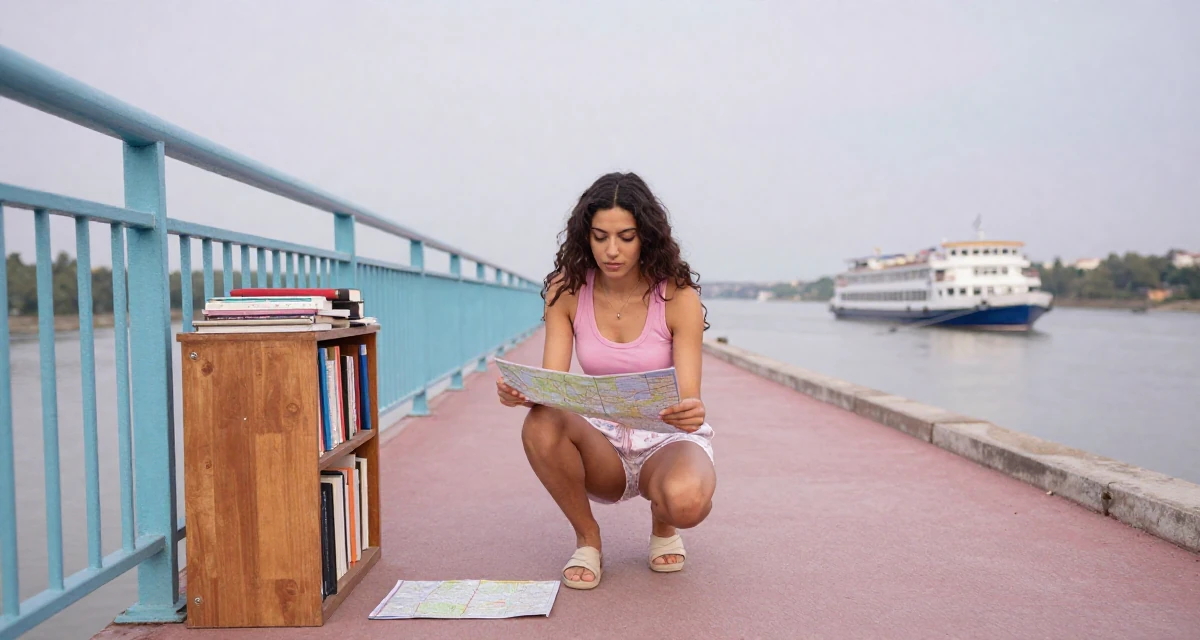 A refreshed Female From Arabic-speaking world, studied interior architecture in their 22, trying to scale content while keeping privacy safe, wearing a fitted racerback tank and pajama shorts, looking at a map in a bridge walkway.