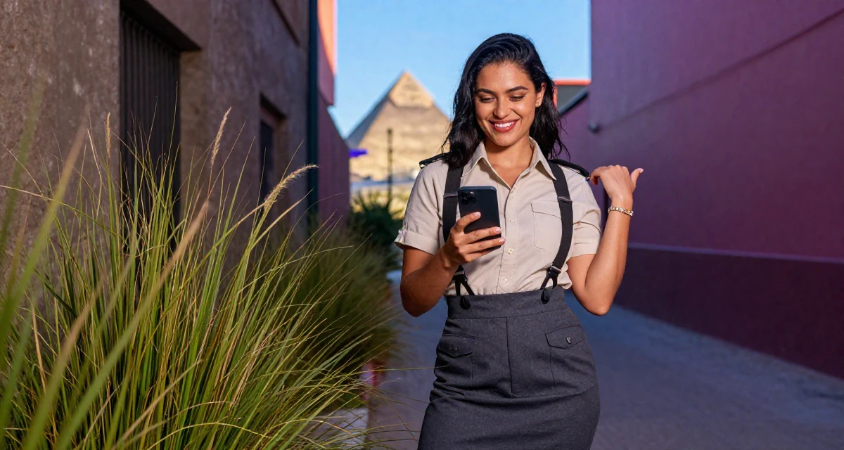 A smirking Female Former security guard, now a bold confidence-themed creator in their 23, dealing with fluctuating subscriber numbers, wearing a high-waisted skirt with suspenders and a shirt, scrolling casually in a neon-lit alleyway.