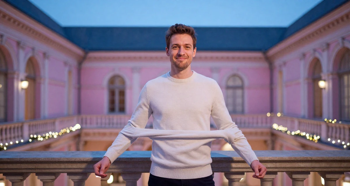 A smirking male From Luxembourg, studied European business law in their 39, reflecting on a decade of professional growth, wearing a minimalist Scandinavian style, pulling a sweater sleeves over hands in a opera house balcony.