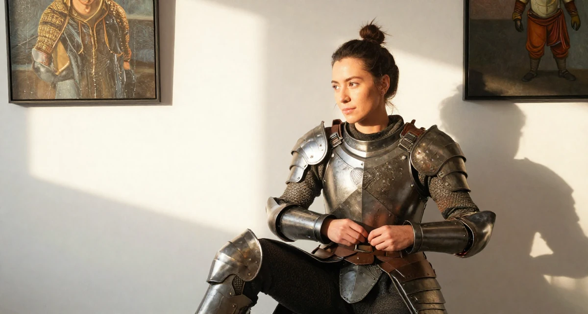 A reassured Female Once a kindergarten teacher, now a full-time lifestyle content creator in their 28, leading a small team for the first time, wearing a battle-damaged armor showing skin underneath, buttoning a jacket in a art gallery.
