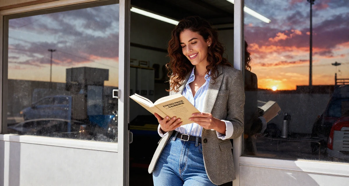 A witty Female From Argentina, based in Buenos Aires, graduated from a media institute majoring in flirtatious content styling in their 23, becoming skilled at angles that highlight confidence, wearing a business casual outfit with jeans and a blazer, opening a book in a mechanic garage.