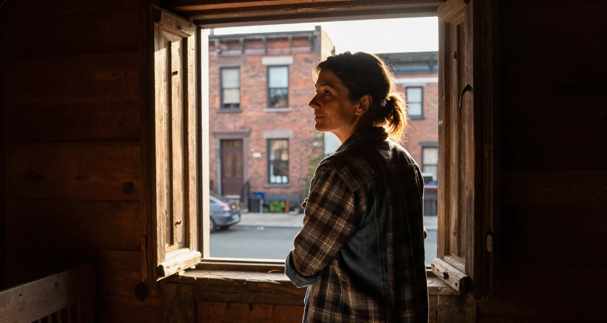 A soulful Female Born in Greece, majored in content creation & storytelling in their 40, inspiring others to chase dreams at any age, wearing a rugged flannel shirt and denim, glancing over the shoulder in a rustic wooden cabin interior.