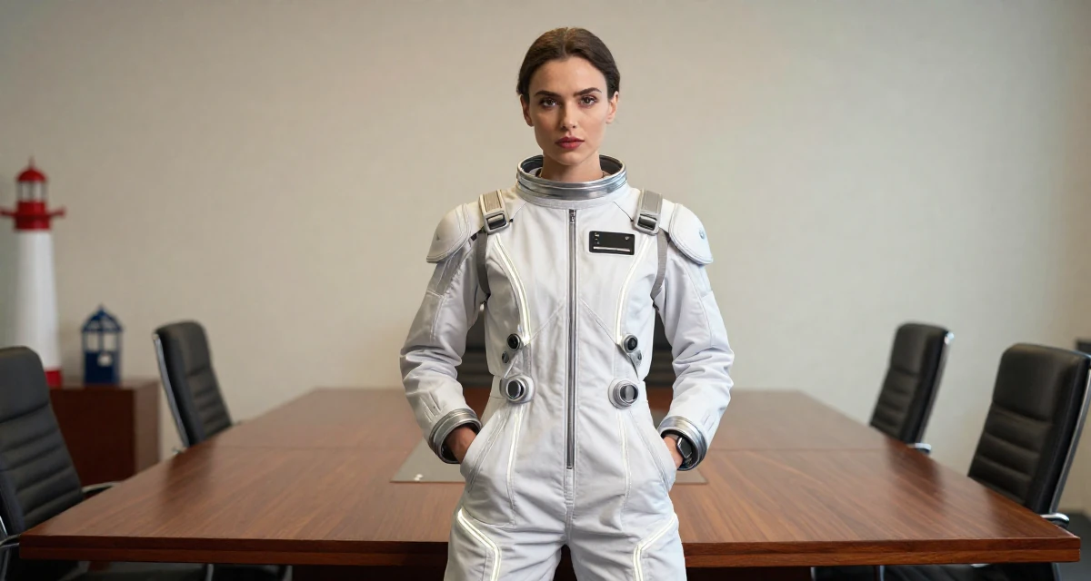 A steady Female Raised in Romania, studied entertainment marketing in their 25, planning next steps in personal development, wearing a futuristic space pilot plugsuit with glowing lines, putting hands in pockets in a office workspace.