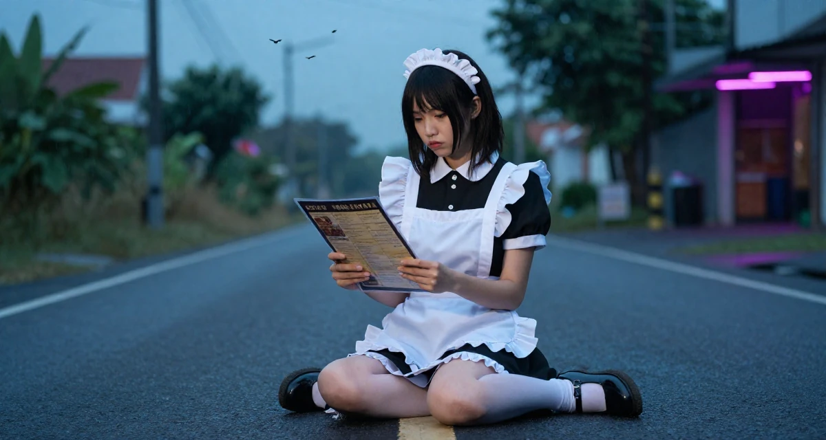 A stoic and strong Female From Indonesia, based in Surabaya, graduated from a creative academy majoring in multimedia arts in their 26, balancing sensual branding with mental exhaustion, wearing a maid outfit with a white apron and ruffled headband, looking at a menu in a country road.
