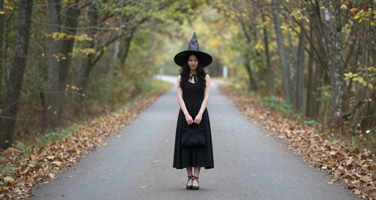 A romantic Female Former retail cashier, now monetizing aesthetic self-portraits in their 31, enjoying the fruits of labor from the 20s, wearing a classic witch costume with a wide-brimmed hat, holding a purse tightly in a forest path.
