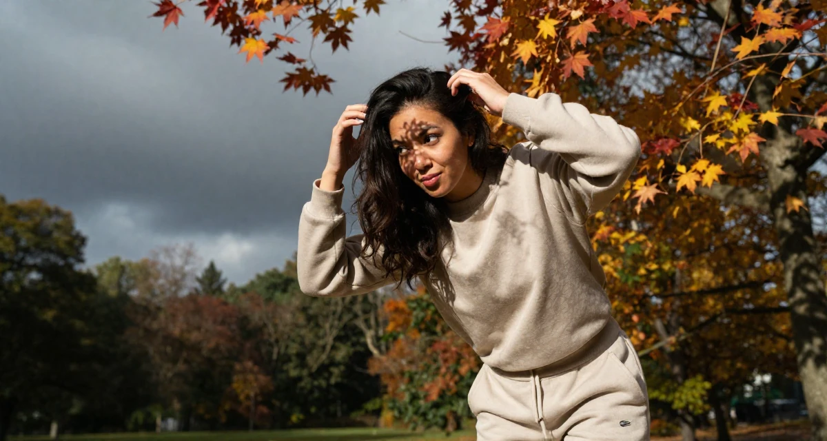 A witty Female From Singapore, studied business analytics in their 41, expert in digital marketing for small biz, wearing a relaxed jogger and sweatshirt combo, messing up hair playfully in a autumn forest.