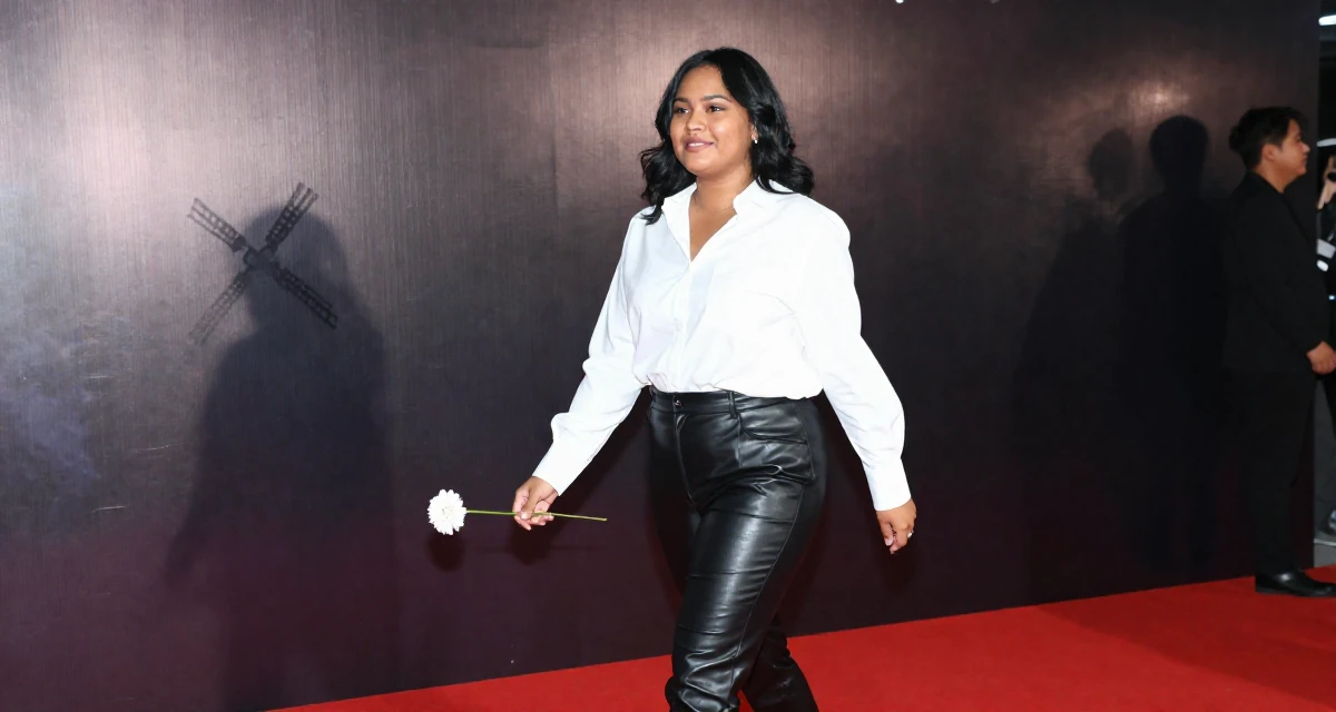 A relaxed and carefree Female From Jakarta Indonesia, developed body-positive messaging through community work in their 25, exploring lifestyle options and boundaries, wearing a black leather trousers and a crisp white blouse, holding a single flower in a red carpet event.
