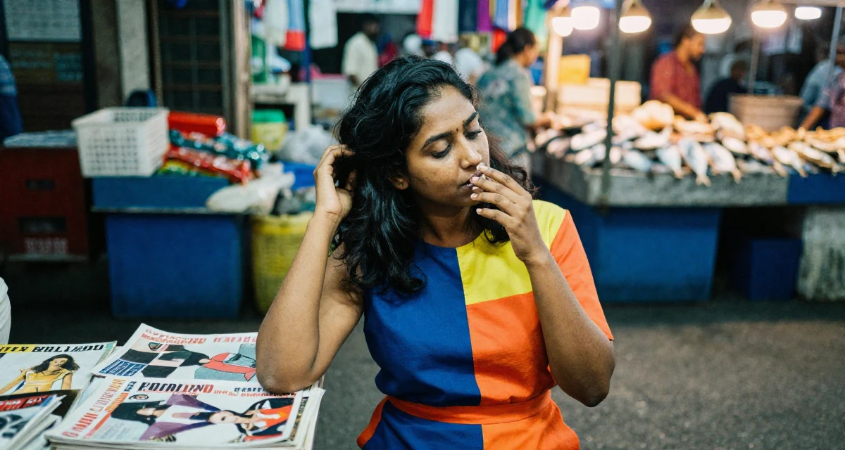 A observant Female From Sri Lanka, studied digital commerce in their 32, recovering from burnout and prioritizing rest, wearing a bold color-block outfit, taking a deep breath in a urban street.