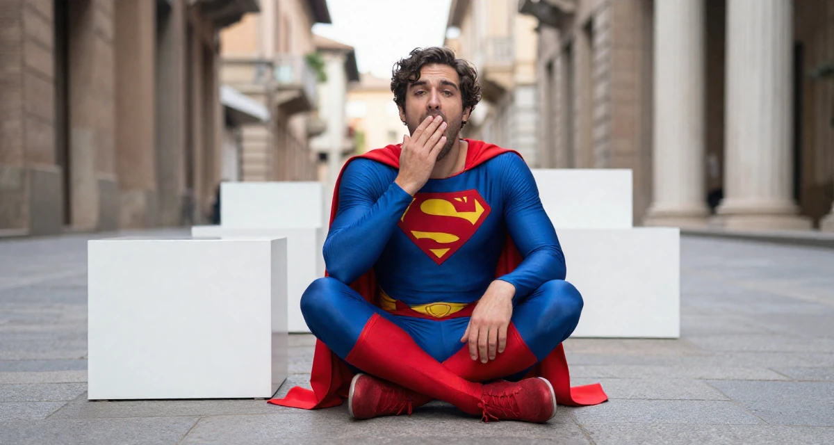 A fascinated male From Italy, based in Bologna, graduated from a local university majoring in media production in their 33, seeking a deeper connection with nature, wearing a superheroine spandex suit with a cape, stifling a yawn in a urban street.
