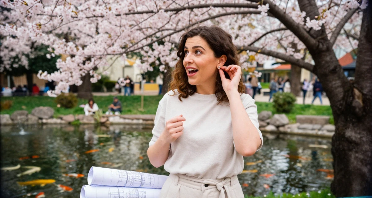 A ecstatic Female From Lebanon, based in Beirut, graduated from a creative institute majoring in expressive photoshoot styling in their 49, noticing early burnout signs, wearing a clean, neutral-toned casual outfit, putting on earrings in a cherry blossom park.