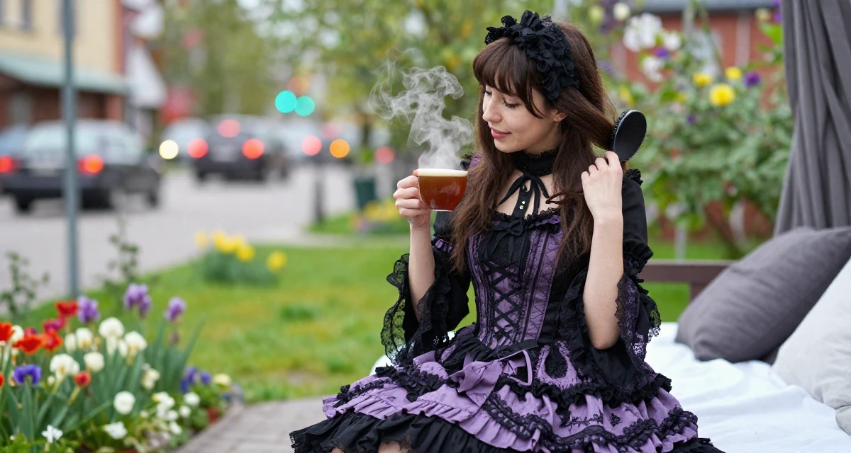 A radiant Female From Finland, studied graphic design and branding in their 33, struggling with work-life balance, wearing a elaborate gothic lolita dress with frills and lace, brushing hair back in a garden patio.