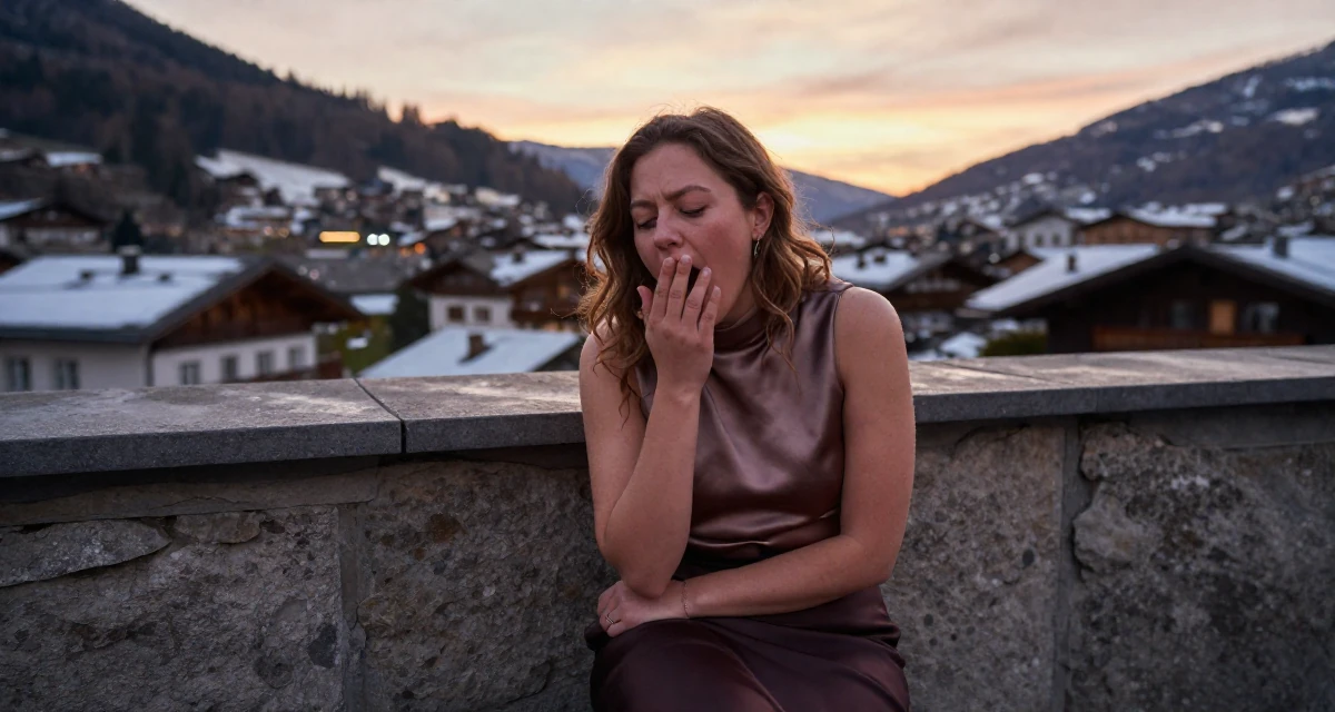 A patient Female From Ireland, majored in creative media production in their 27, recovering from hustle culture fatigue, wearing a sleeveless silk top and a high-waisted skirt, yawning discreetly in a rooftop terrace at sunset.