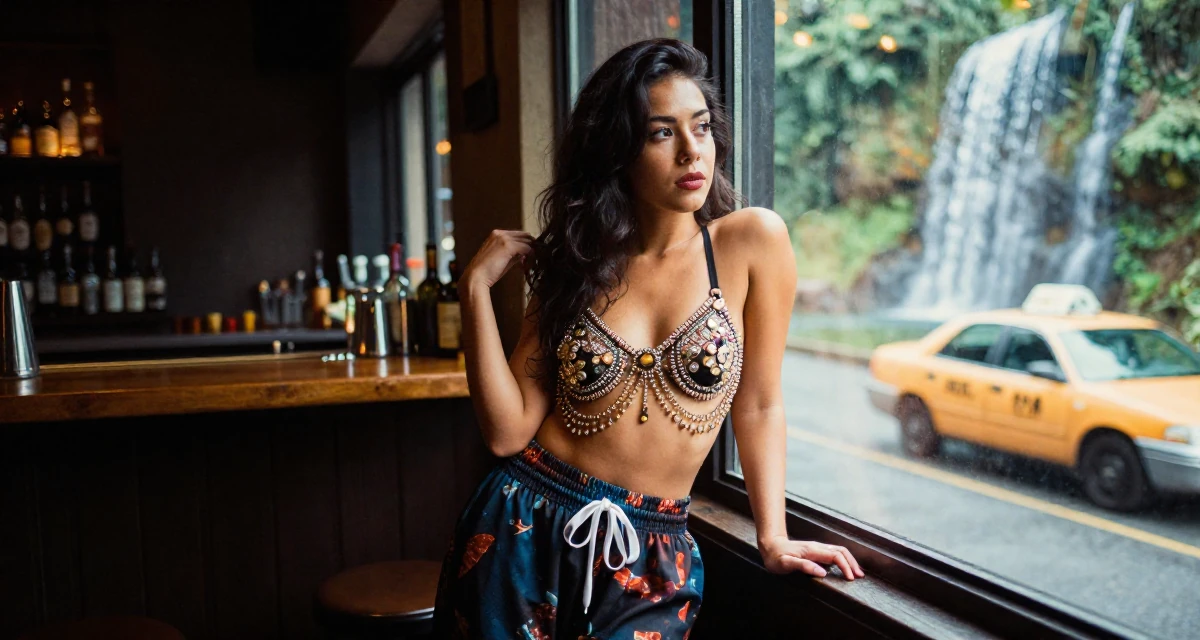 A focused Female Previously a bartender, now expressing nightlife energy through content in their 27, questioning long-term sustainability of creator life, wearing a harem pants and an ornate jeweled bra top, waiting for a taxi in a dimly lit jazz bar.