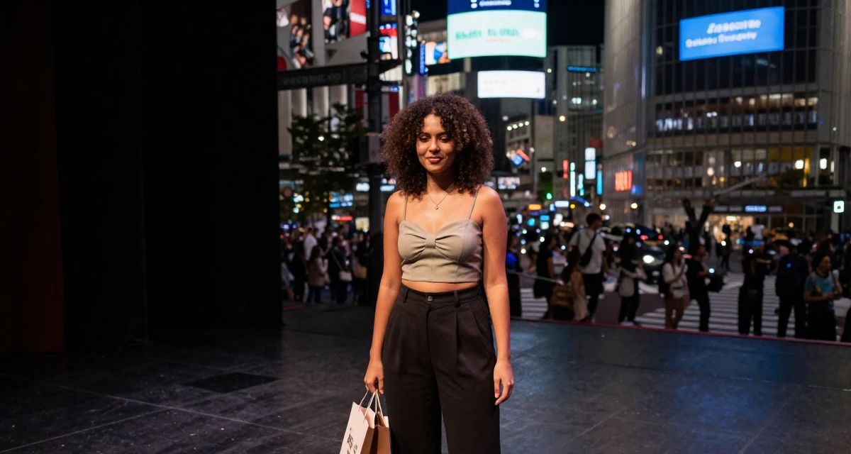A quietly happy Female From Brazil, based in Curitiba, graduated from a regional college majoring in advertising design in their 20, hiding insecurity behind a cool facade, wearing a cropped bustier top and high-waisted slacks, holding a shopping bag in a theater stage.