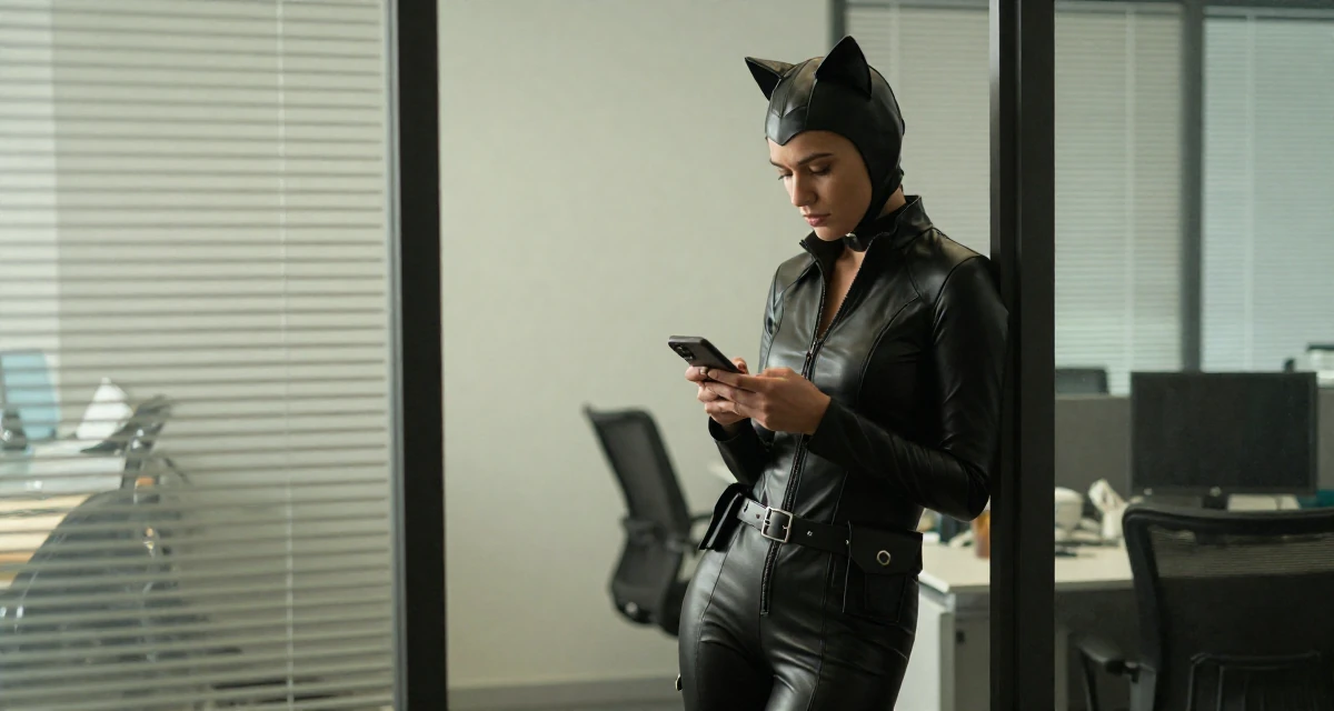 A lighthearted Female Once a university researcher, now creating slow-life intimate content in their 25, learning boundaries the hard way from pushy fans, wearing a tight leather cat burglar suit with a utility belt, reading a text message in a office break room.
