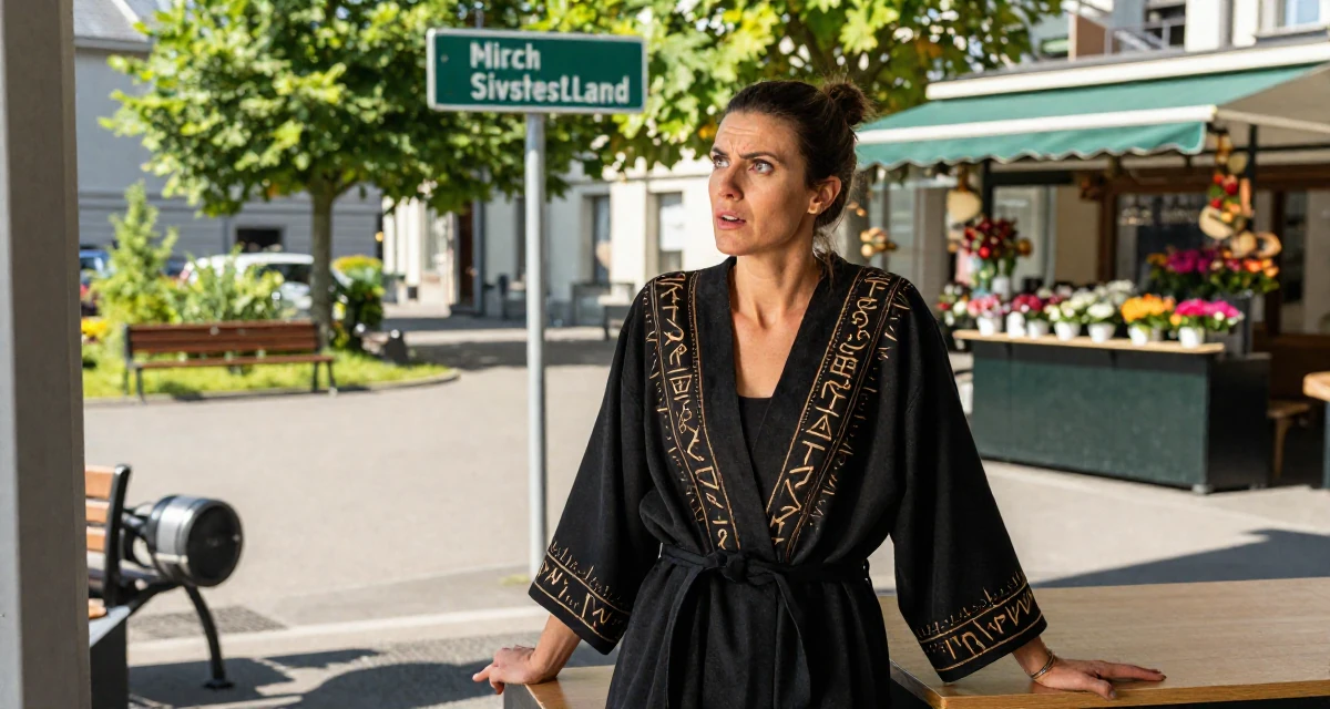 A stunned Female From Zurich Switzerland, learned luxury lifestyle imaging in their 43, balancing a demanding career with self-care, wearing a cultist robe with mysterious rune embroidery, looking at a street sign in a gym interior.