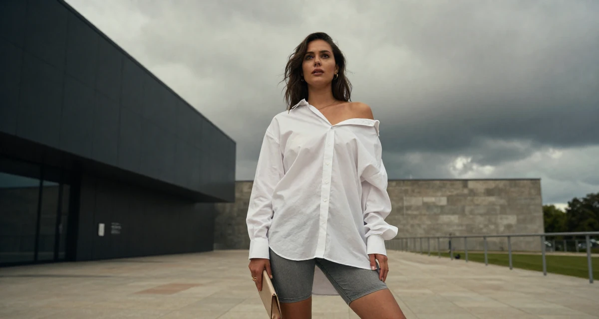A awestruck Female From Ireland, majored in creative media production in their 25, standing tall with newfound self-assurance, wearing a oversized white shirt worn off one shoulder and biker shorts, clutching a clutch bag in a museum exhibit.