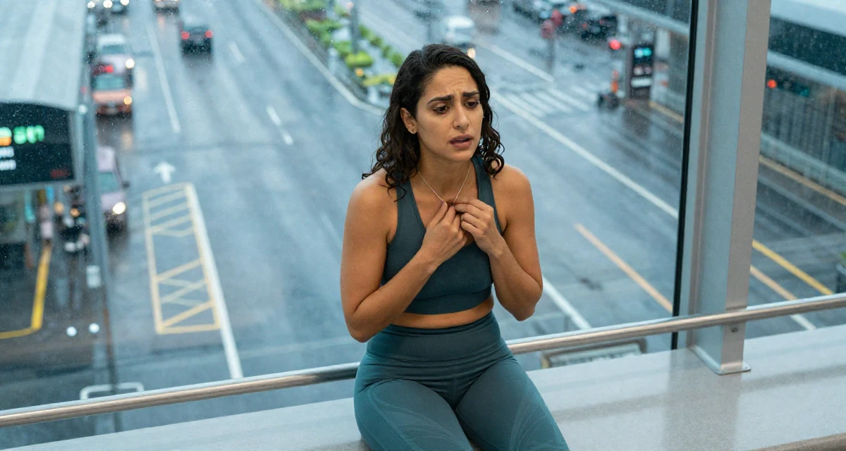 A emotionally moved Female From Arabic-speaking world, majored in health administration in their 55, exploring digital entrepreneurship, wearing a gym shark style seamless leggings and matching crop top, touching a necklace in a airport terminal.