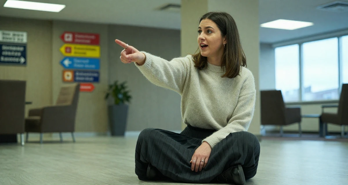 A bold and charismatic Female Raised in Iceland, majored in creative digital strategy in their 30, prioritizing quality over quantity in friendships, wearing a soft cashmere sweater and a pleated midi skirt, pointing at something nearby in a hotel lobby.