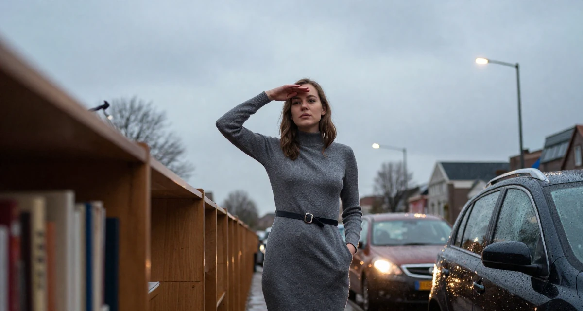 A calm Female From the Netherlands, based in Utrecht, graduated from a creative academy majoring in UX design in their 25, over the drama of early 20s nightlife, wearing a form-fitting sweater dress with a belt, shading eyes with a hand in a library aisle.