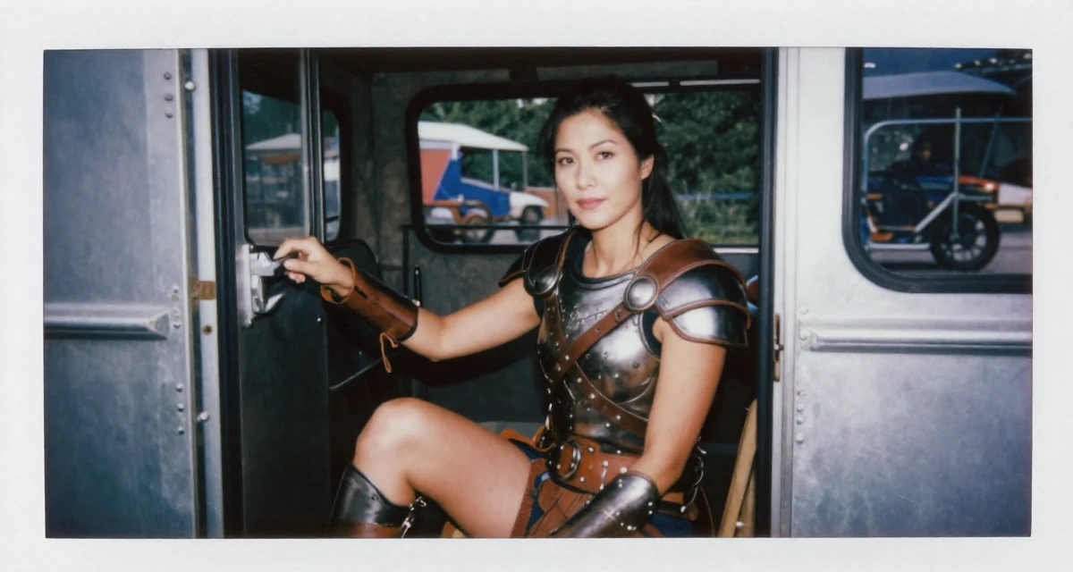 A quietly confident Female From the United States, based in Seattle, graduated from a community college majoring in digital marketing in their 41, expert in digital marketing for small biz, wearing a gladiator armor with leather straps and a metal breastplate, opening a door in a camping site.