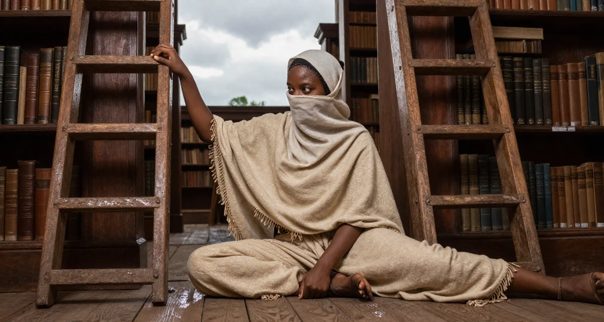A contemplative Female From Johannesburg South Africa, majored in sport management in their 23, balancing risk-taking with stability needs, wearing a desert nomad wrap outfit with a face veil, shifting weight impatiently in a old library with wooden ladders.