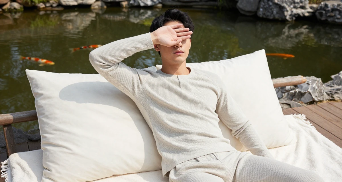 A thoughtful male Former hotel housekeeper, now offering intimate behind-the-scenes content in their 25, letting go of the need to please everyone, wearing a ribbed lounge set that hugs the curves, covering eyes from the sun in a camping site.