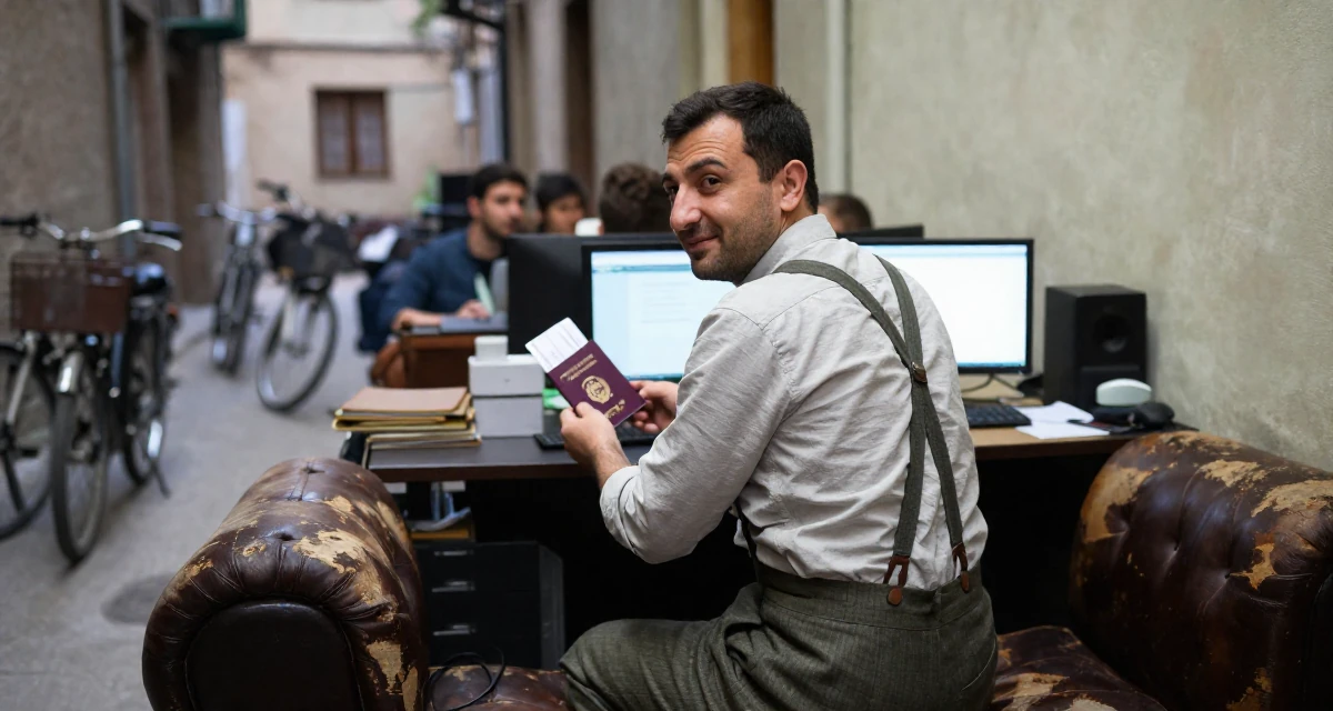 A quietly happy male From Azerbaijan, majored in petroleum engineering in their 34, managing a remote team from a home office, wearing a high-waisted skirt with suspenders and a shirt, holding a passport or ticket in a quiet alleyway.