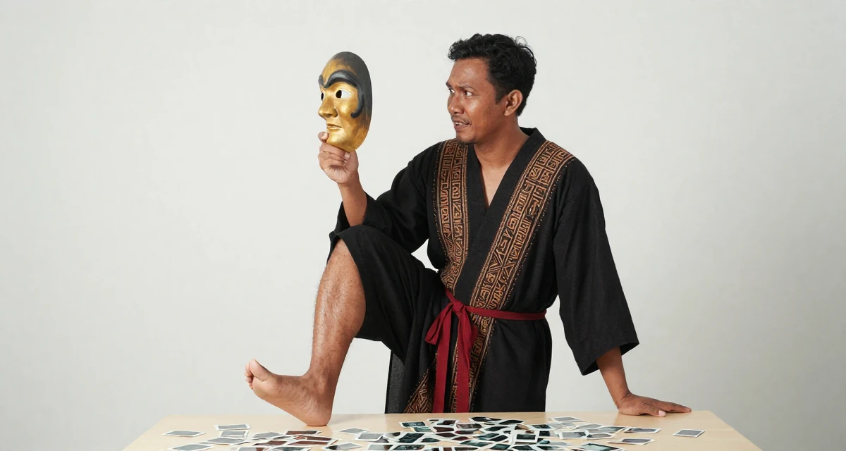 A warmhearted male From Indonesia, based in Bali, graduated from an arts institute majoring in expressive digital portraits in their 25, dealing with anxiety about first paying subscribers, wearing a cultist robe with mysterious rune embroidery, holding a mask (cosplay/prop) in a artist workshop.