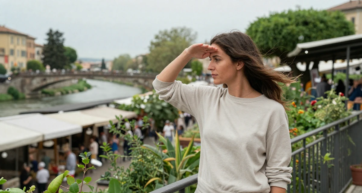A pensive Female From Italy, majored in law in their 25, gaining confidence in professional expertise, wearing a soft organic cotton clothing, shielding face from the wind in a bustling market.
