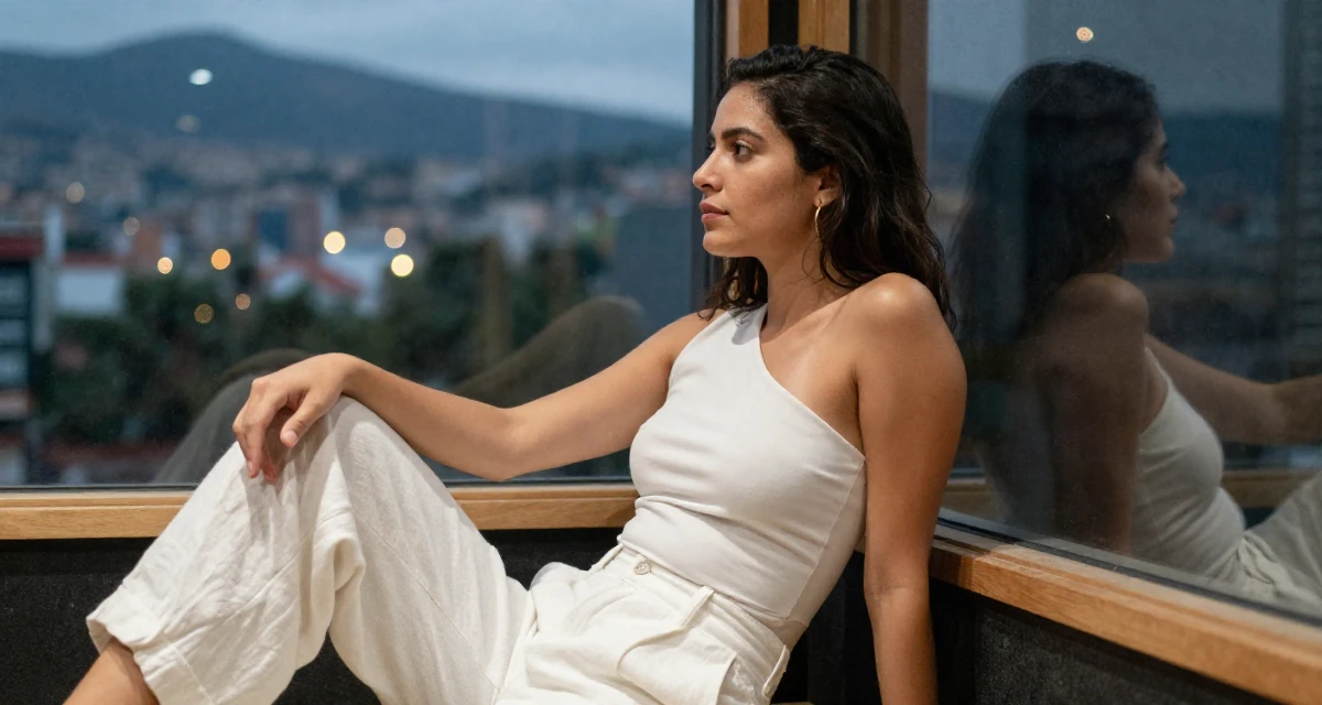 A gently serious Female From Colombia, based in Medellín, graduated from a communication school majoring in brand communication in their 30, exploring minimalism and intentional living, wearing a one-shoulder fitted top and white linen trousers, looking at a reflection in a window in a recording booth.