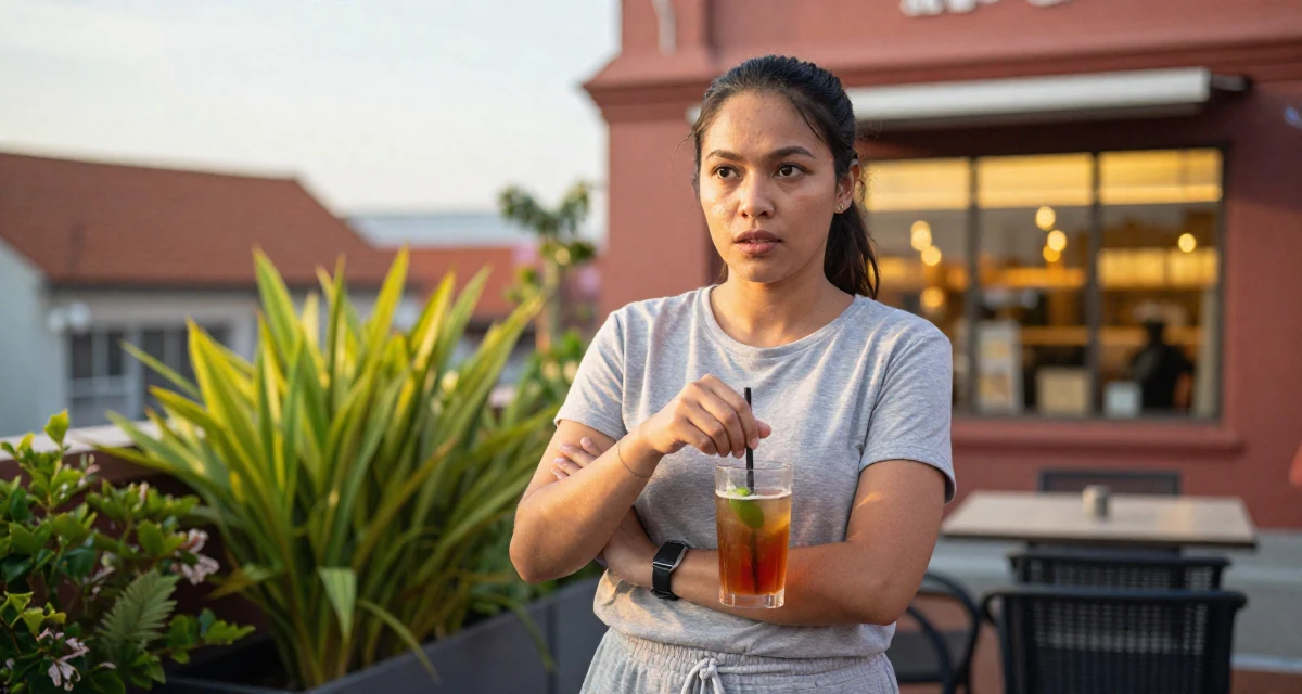 A curious and focused Female From Malaysia, based in Malacca, graduated from a creative college majoring in sensual composition design in their 30, planning adult responsibilities with unstable cash flow, wearing a comfortable lounge wear set, stirring a drink in a rooftop garden.