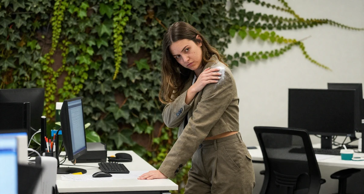 A dazed Female From United States, majored in forestry studies in their 22, trying to scale content while keeping privacy safe, wearing a cropped business jacket and high-waisted pants, dusting off the shoulder in a office workspace.