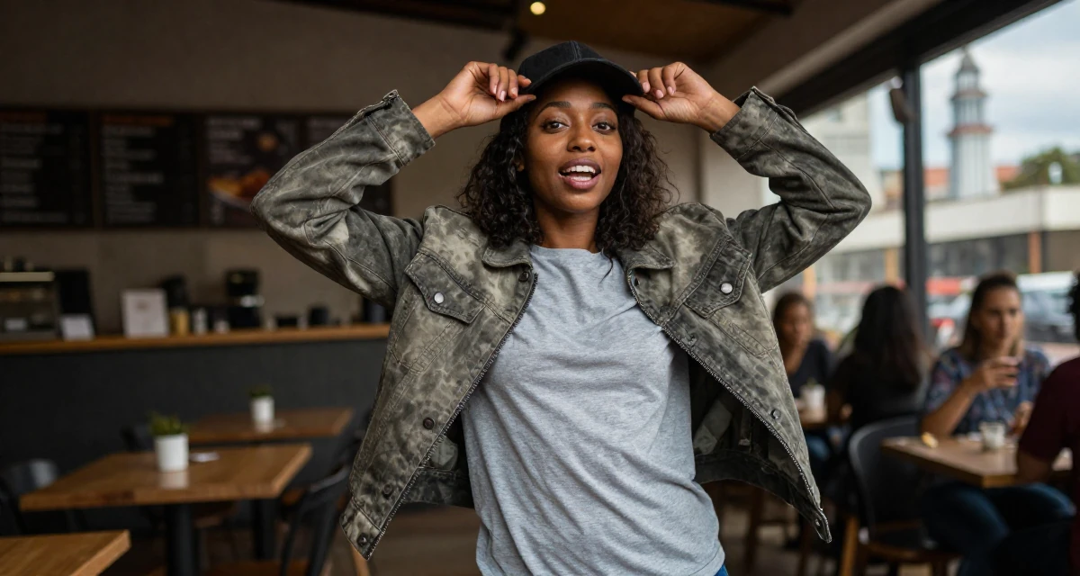 A content Female From Nairobi Kenya, trained in expressive dance and confident movement in their 22, refining flirty messaging styles without oversharing, wearing a structured jacket with casual tee, adjusting a hat in a cozy café.
