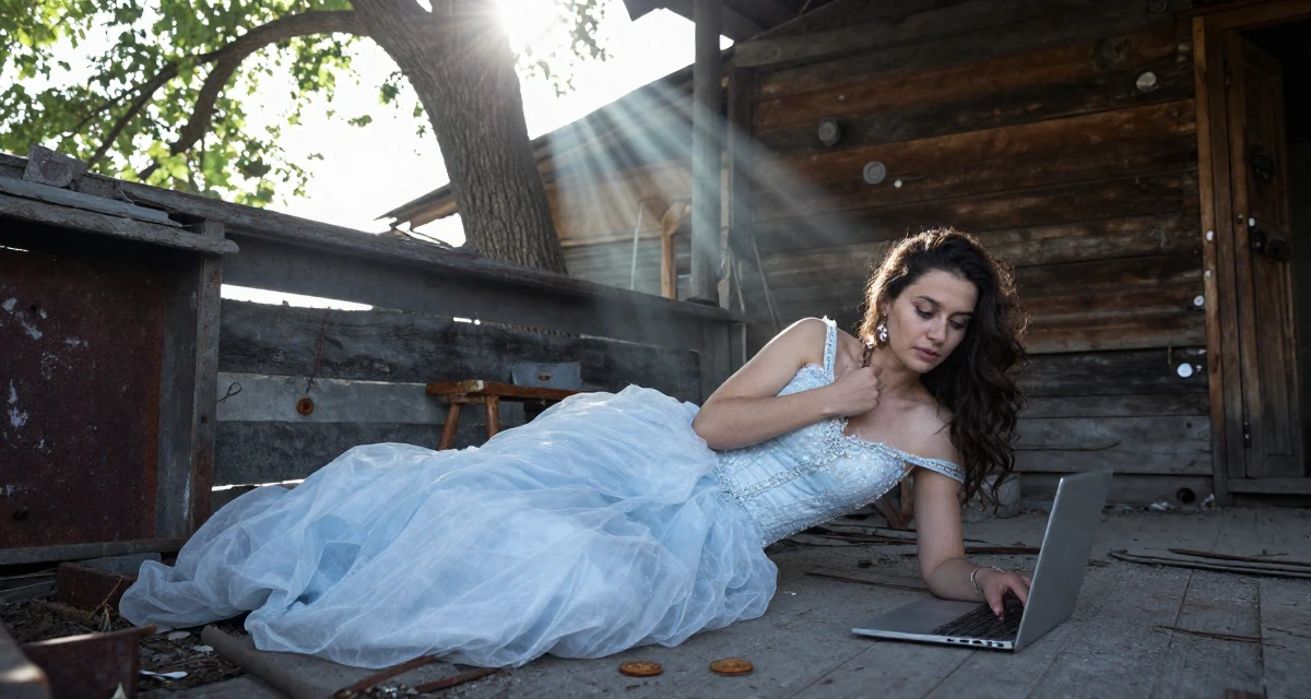 A compassionate Female From Armenia, studied sociology in their 26, sacrificing social life for editing deadlines, wearing a snow queen gown with ice crystal details, adjusting a shoulder strap in a rustic wooden cabin interior.