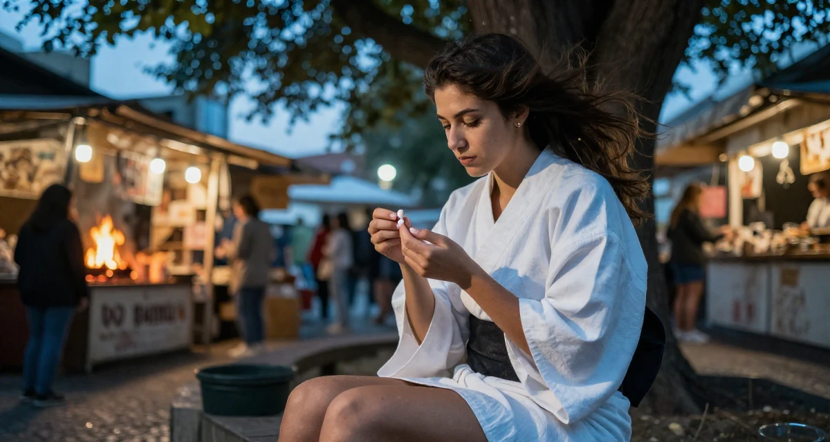 A introspective Female From Lisbon Portugal, learned storytelling through movement in their 25, adapting to early adult responsibilities, wearing a shrine maiden outfit with a short hakama skirt, inspecting fingernails in a night market stall.
